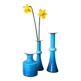 Arrangement of 3 blue glass 'Carnaby' vases by Per Lütken for Holmegaard, Denmark 1960's