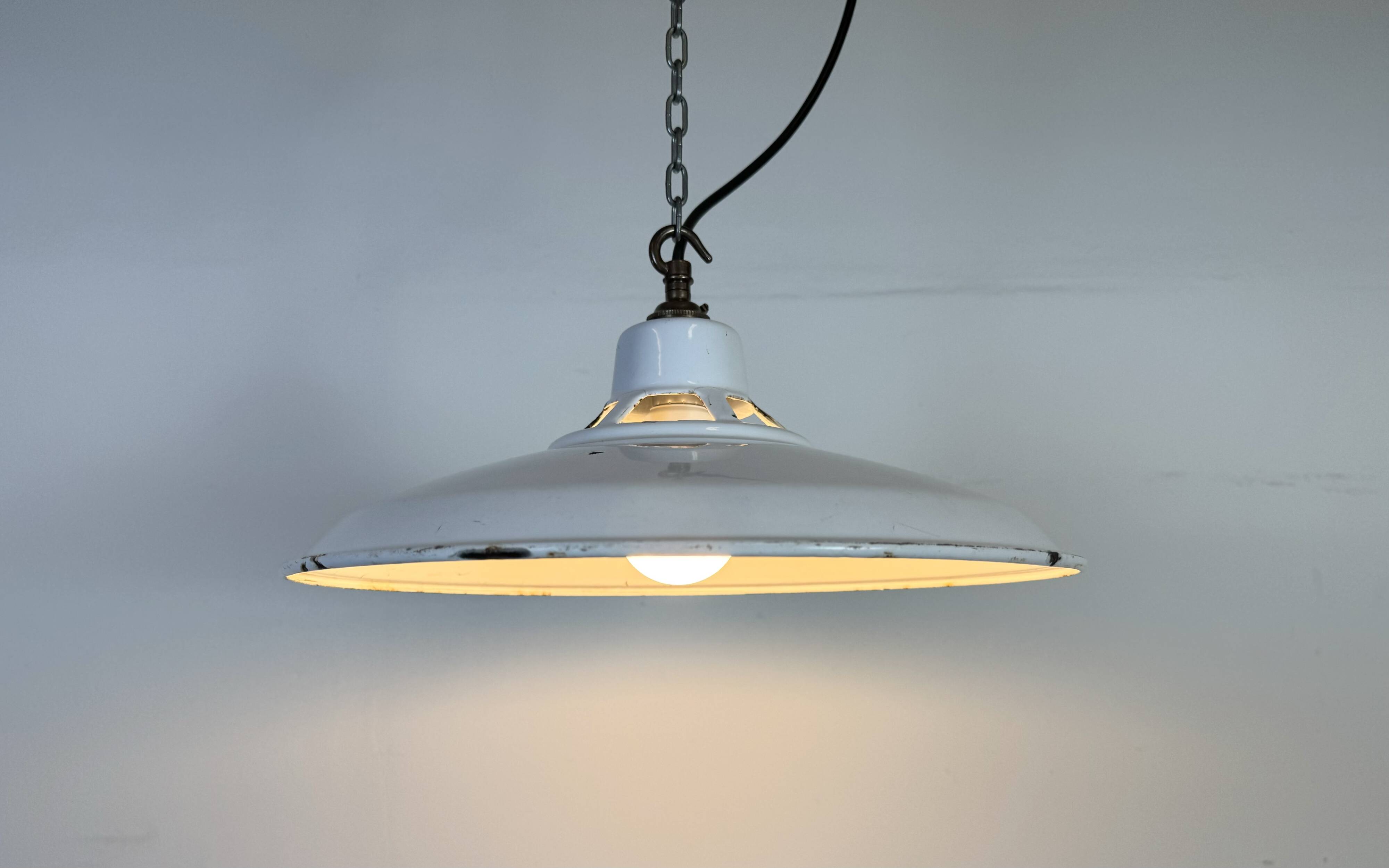 Industrial White Enamel Factory Pendant Lamp, 1960s