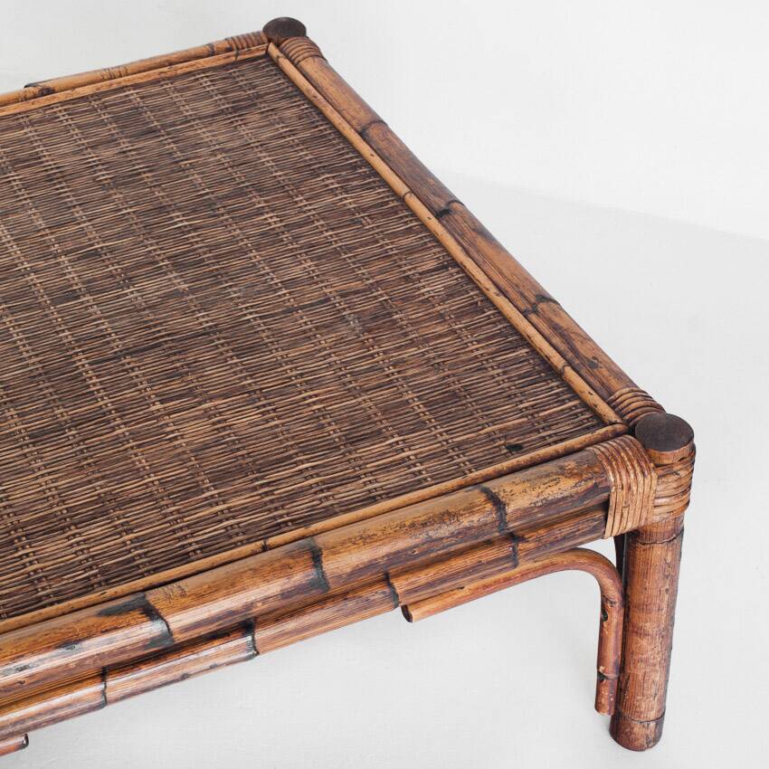 Vintage rattan and cane coffee table. France, 1970s