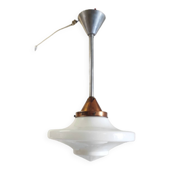 Designer pendant light with opaline lampshade in saucer - mid. 20th century