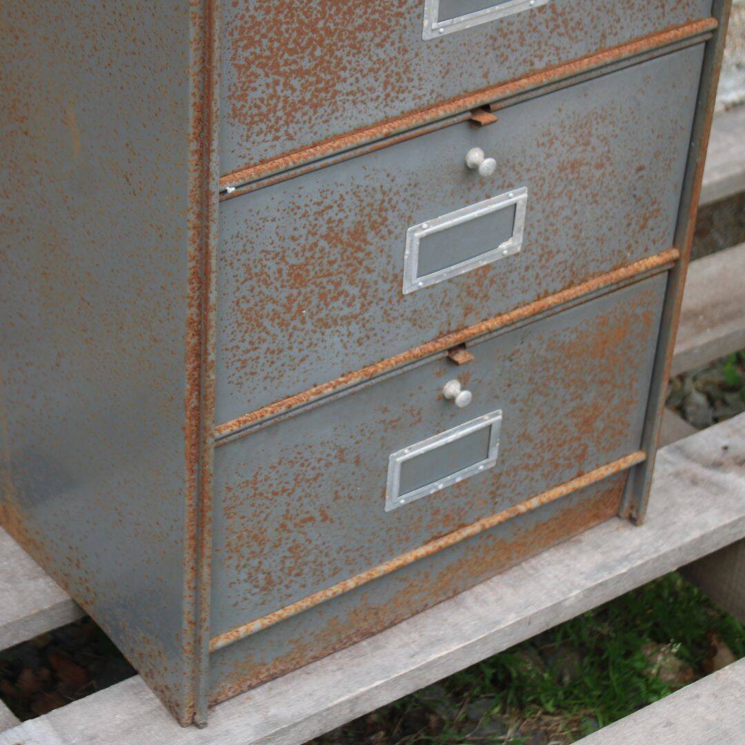 Patinated metal industrial filing cabinet – roneo
