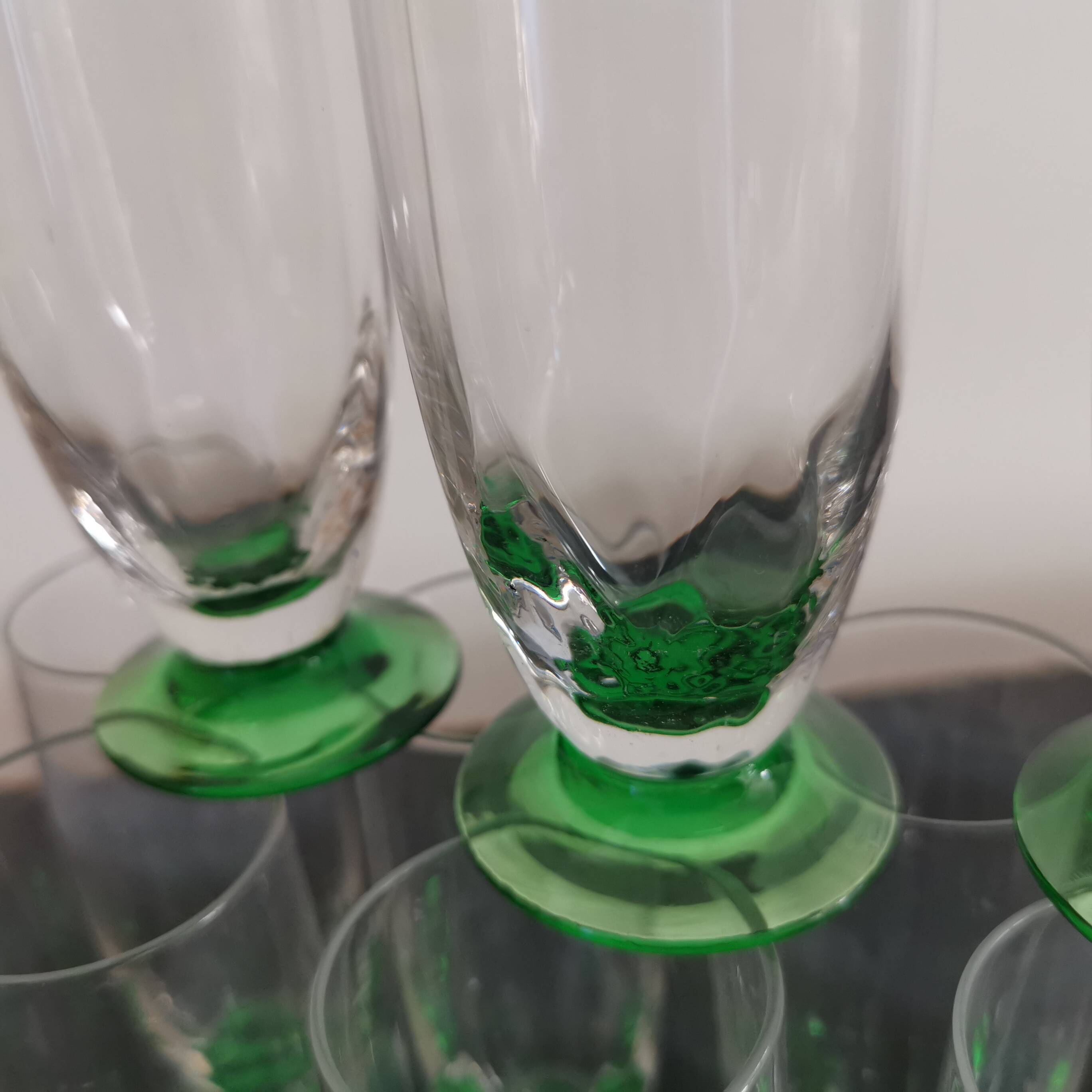 10 green stemmed glass champagne flutes from the 1930s