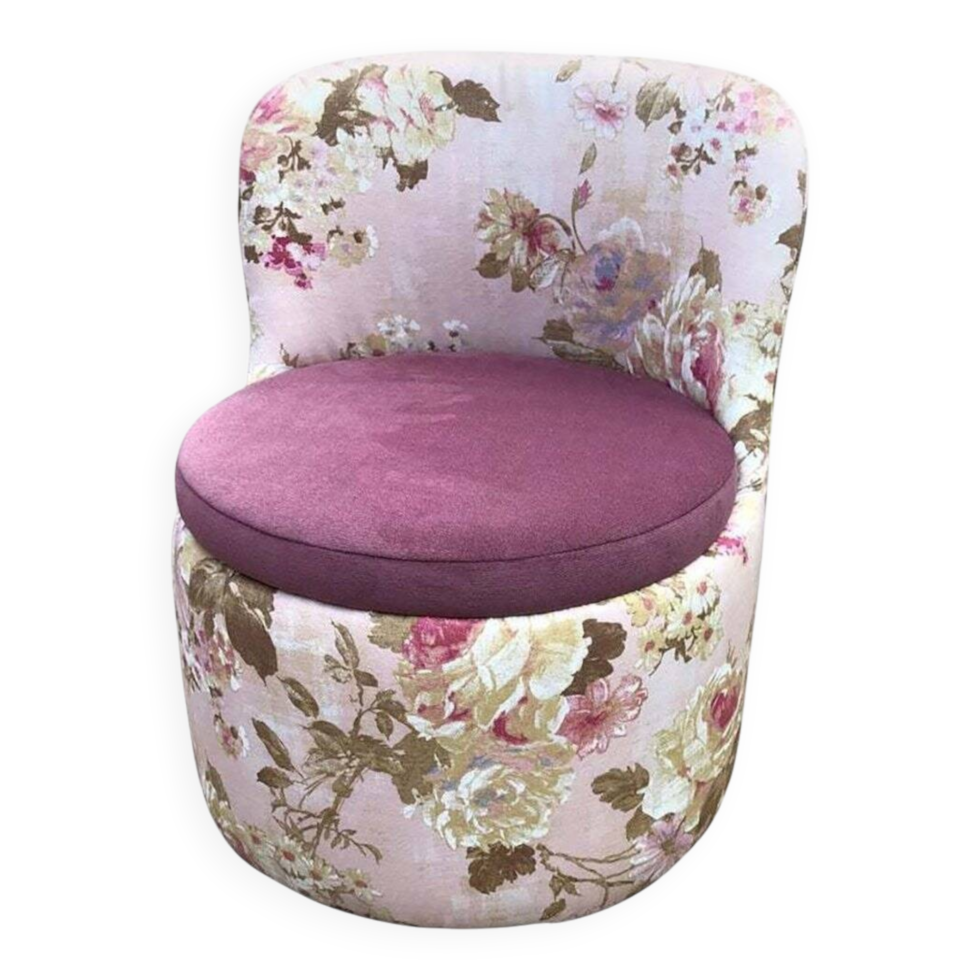 Mid-century 1970s frog chair in multicoloured floral fabric - plum seat.