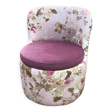 Mid-century 1970s frog chair in multicoloured floral fabric - plum seat.