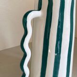 Fir and white green striped ceramic vase with handmade abstract wavy handles