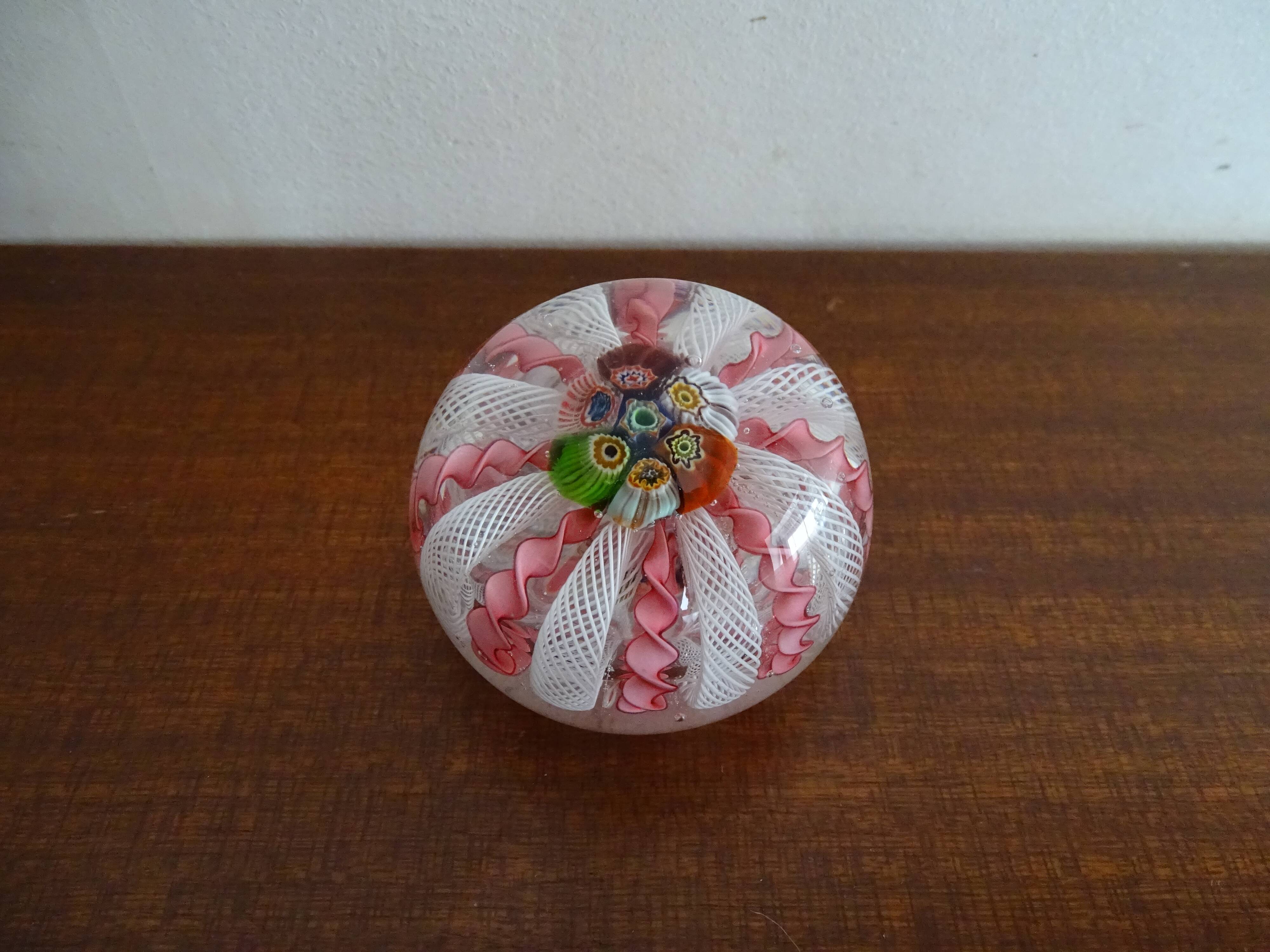 Murano paperweight millefiori and latticino twisted ribbons