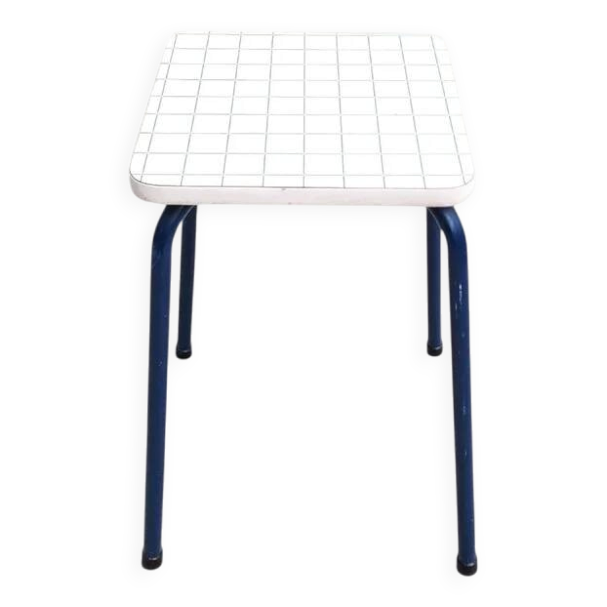 Vintage 80s melamine stool in navy blue checkered pattern.