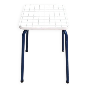 Vintage 80s melamine stool in navy blue checkered pattern.