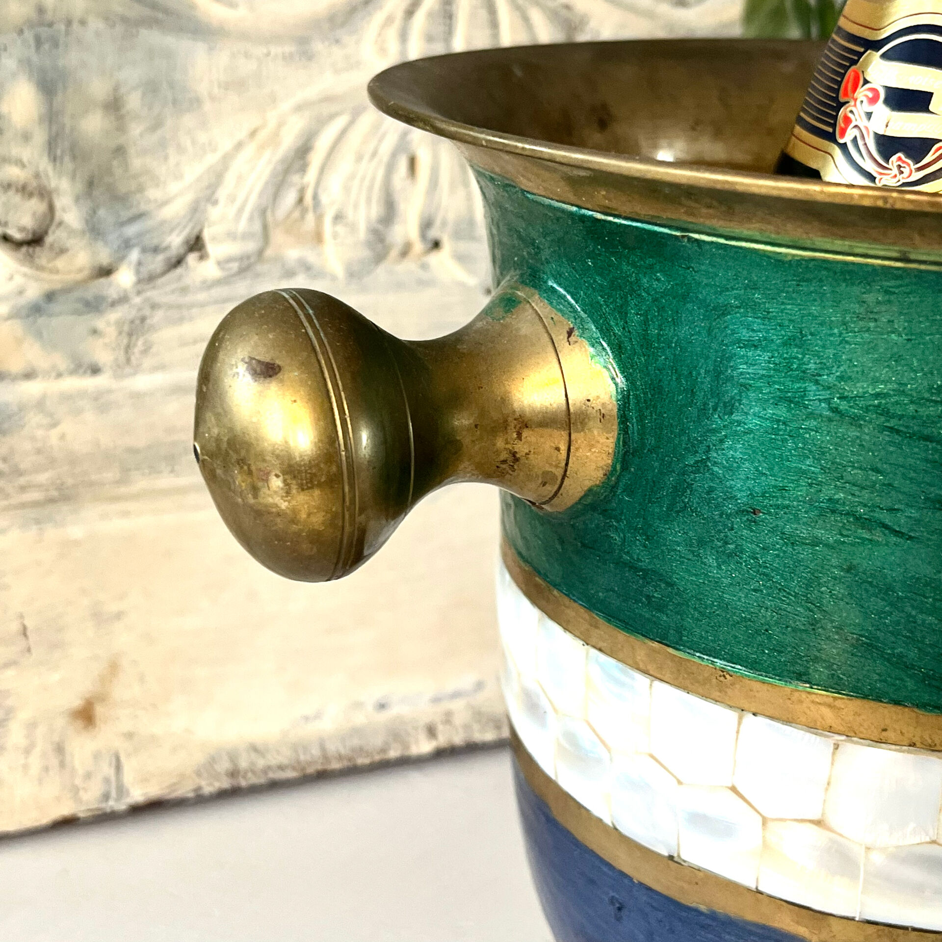 French Cloisonne cooler, Vintage Shell Inlay Barware Enamel Ice Bucket