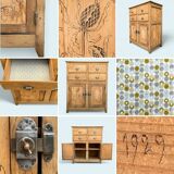 Parisian art deco sideboard in solid raw wood with pyrographed decorations, 1929