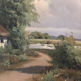 Large Vintage Countryside Cottage Original Oil Painting,circa 1940