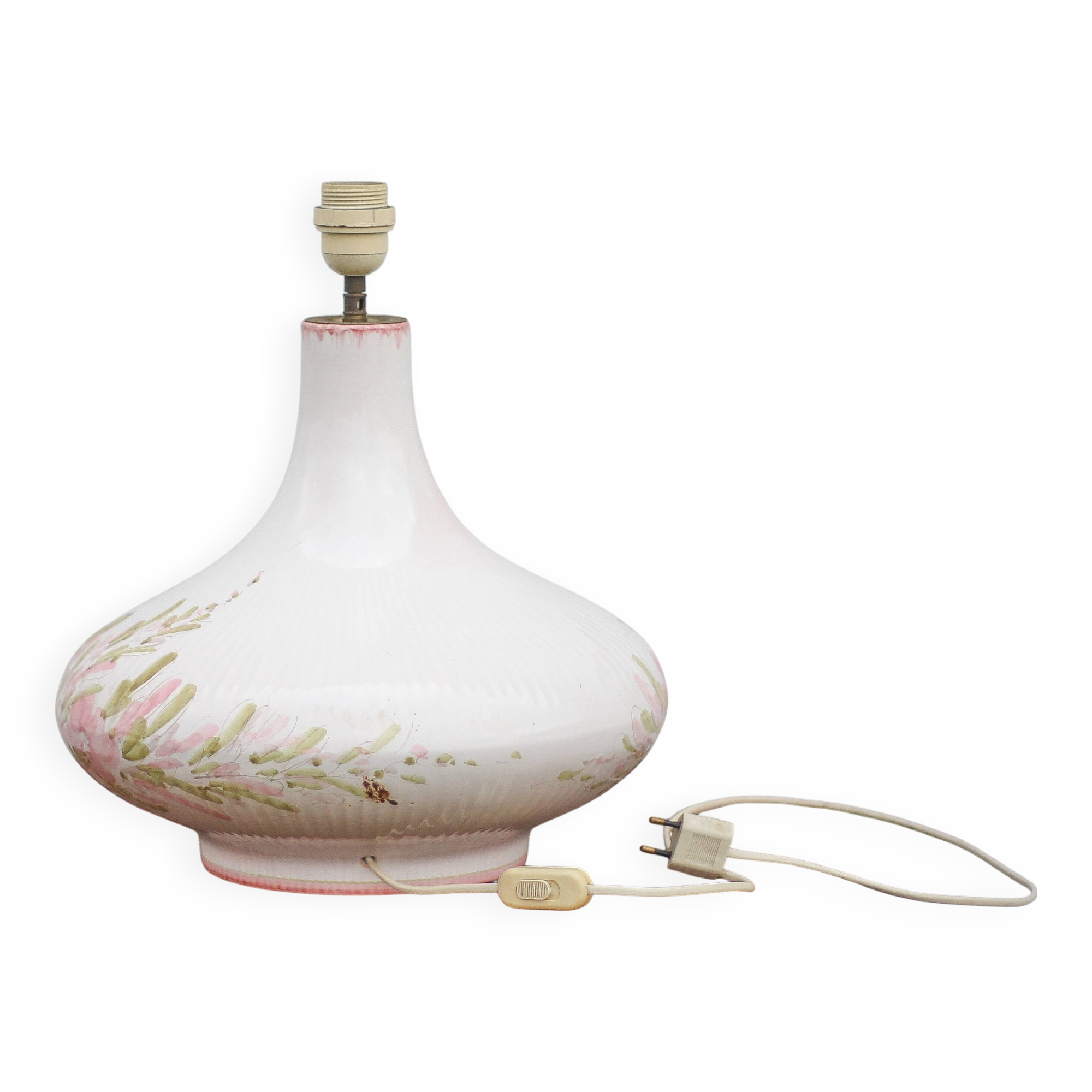 Large glazed terracotta lamp with flower decoration, ceramic signed Maithé