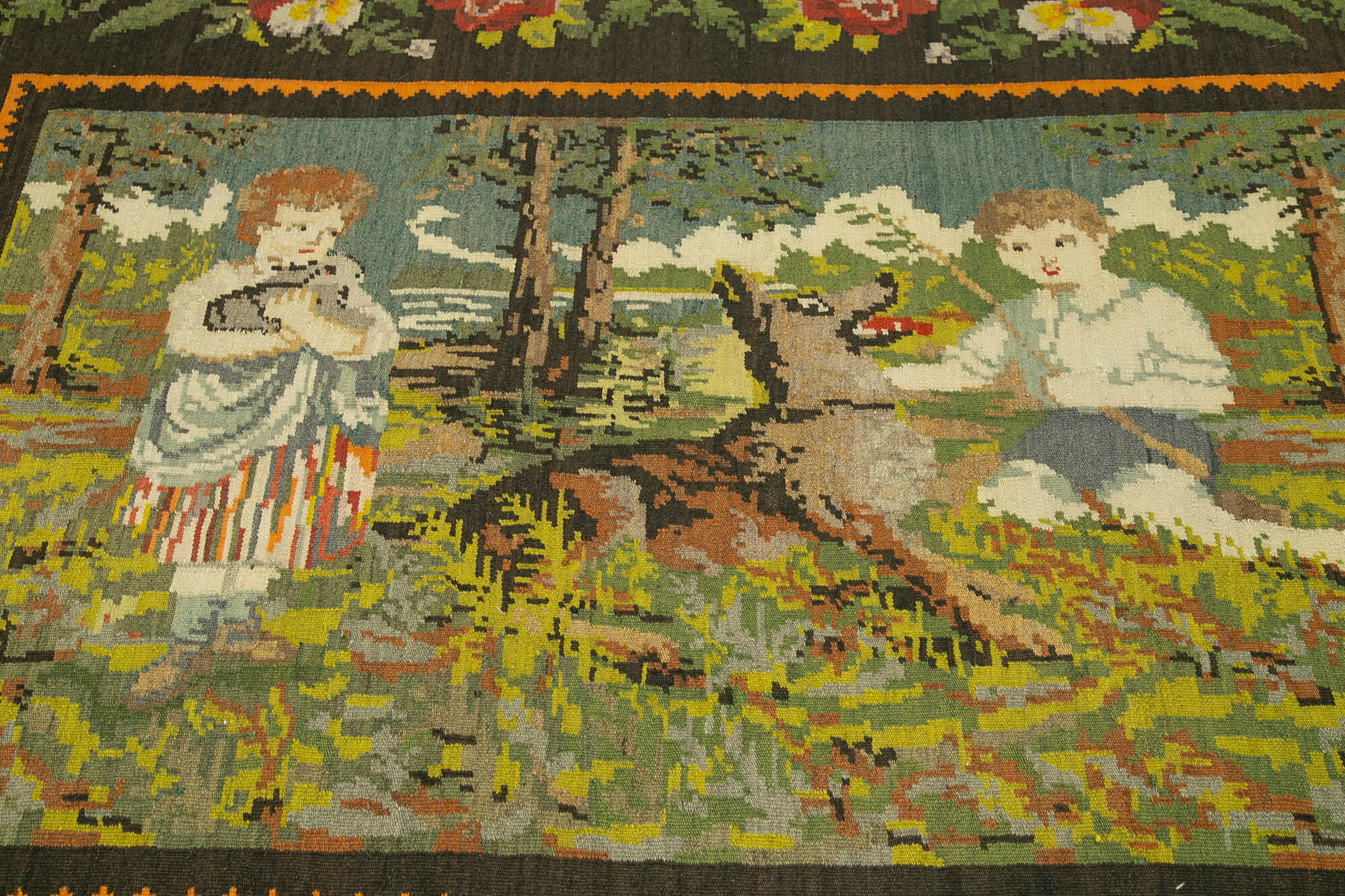 Hand-knotted vintage rose black kilim 192 cm x 240 cm - 23428