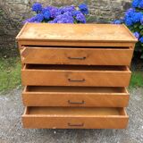Vintage chest of drawers with compass feet oak-plated façade to restore or repaint.
