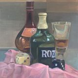 Still life with bottles and dice, signed acrylic on canvas, modern school