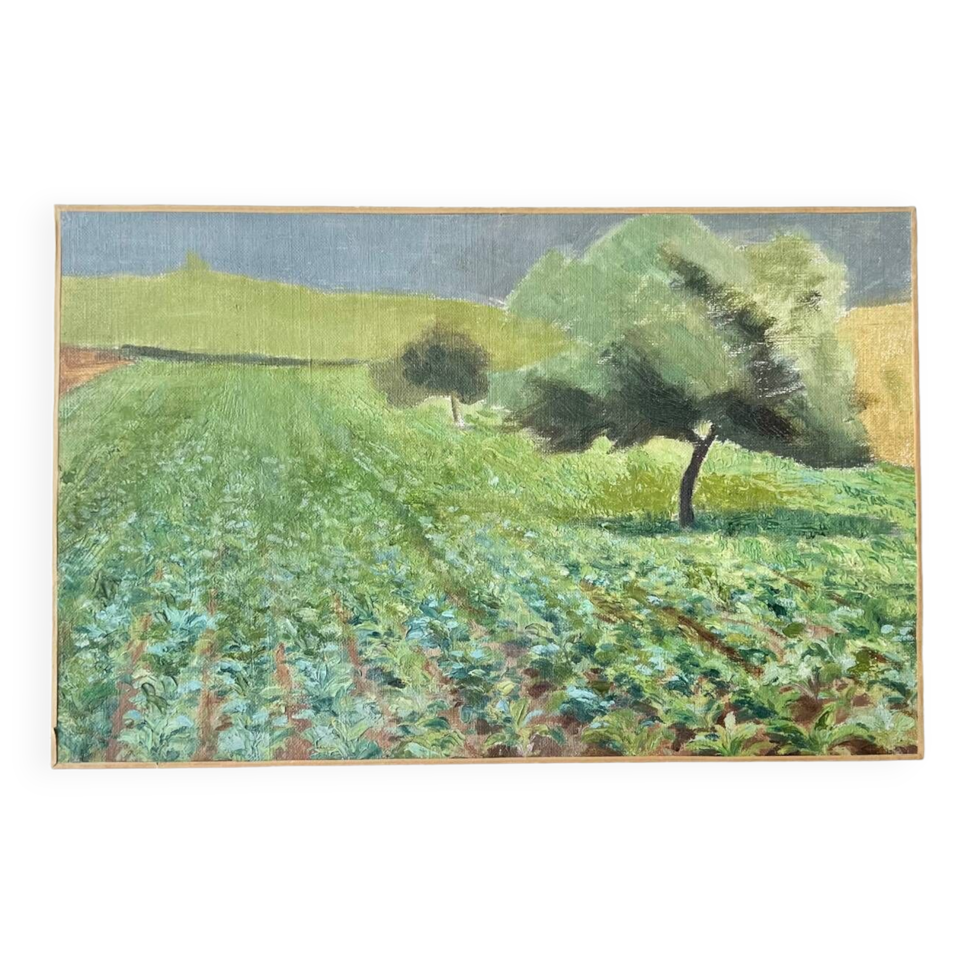 Oil on canvas countryside landscape under a stormy sky