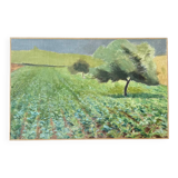 Oil on canvas countryside landscape under a stormy sky