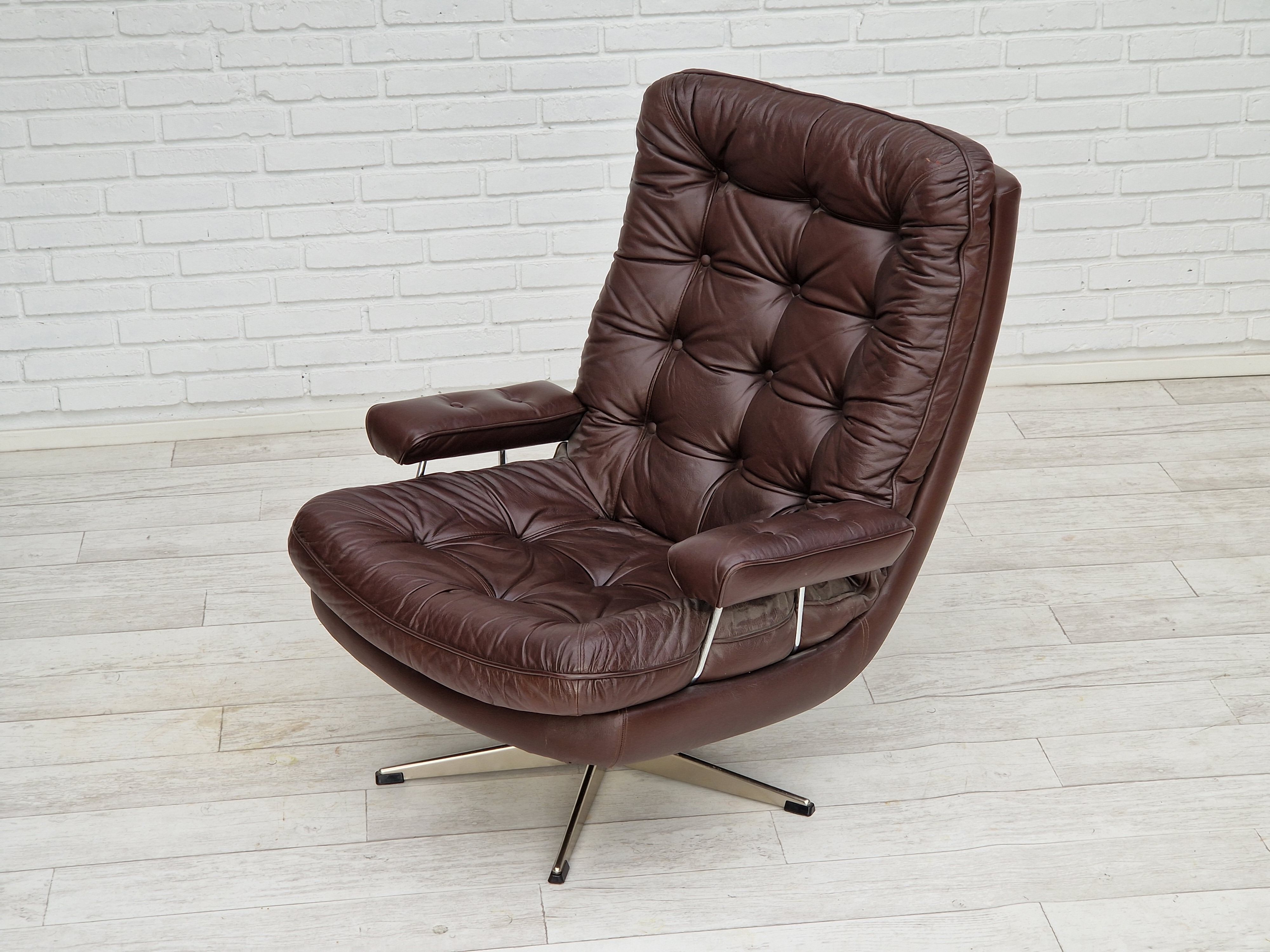 Vintage danish swivel leather armchair 1970s