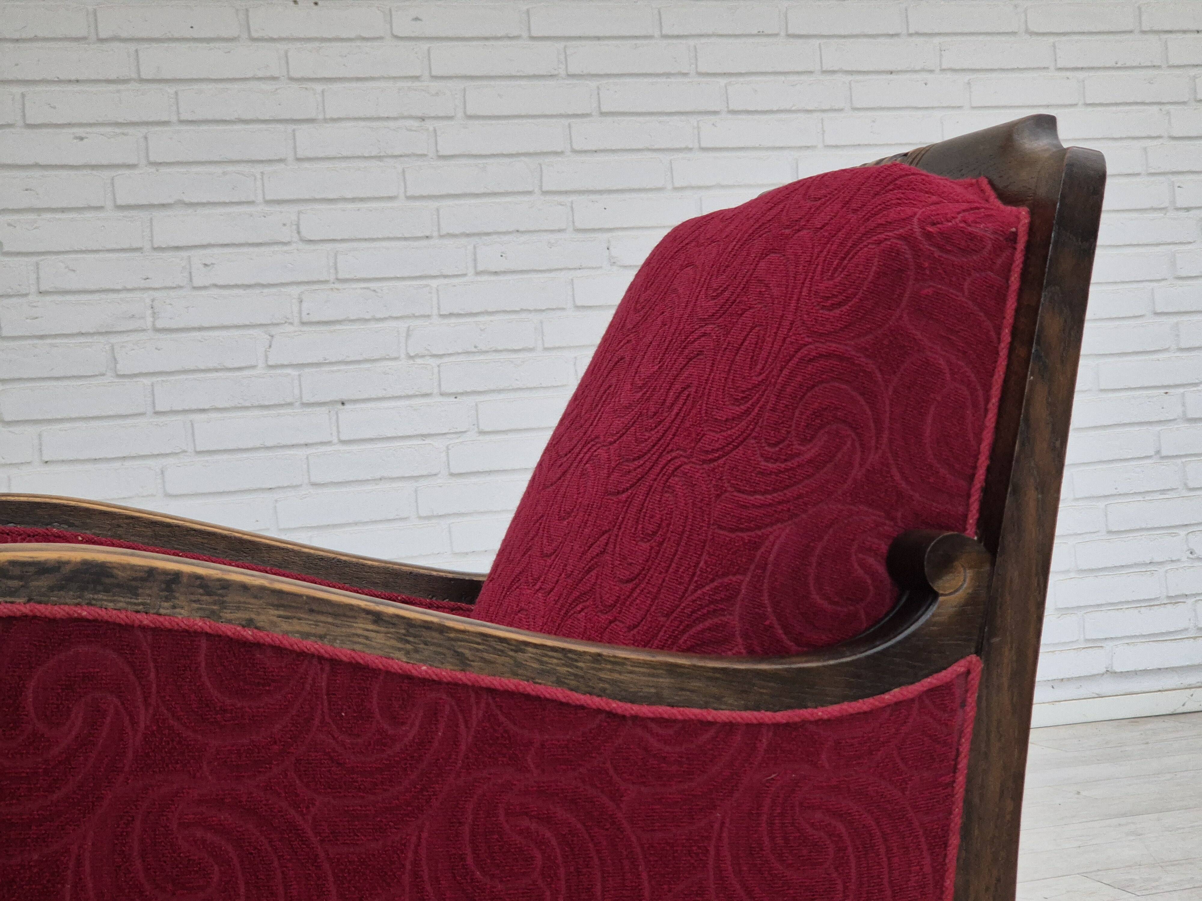 Fauteuil relax vintage danois des années 1950, tissu d'ameublement, bois de chêne, d'origine.