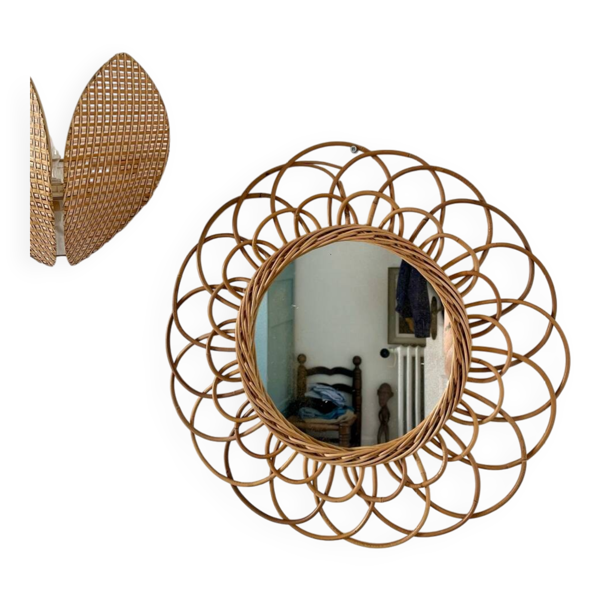 Vintage rattan flower mirror
