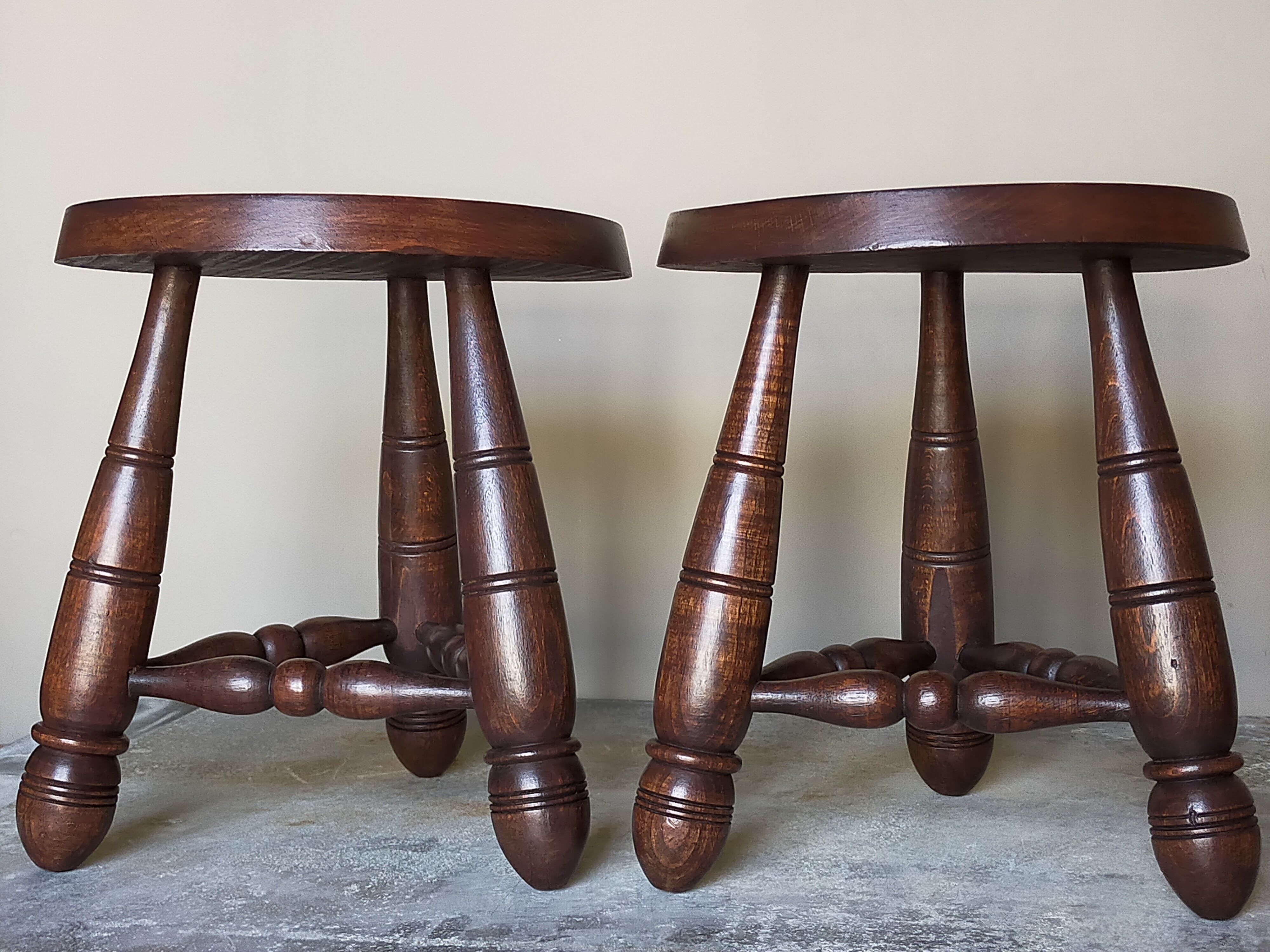 Pair of vintage wooden tripods stools