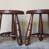 Paire de tabourets bas tripodes vintages en bois tourné