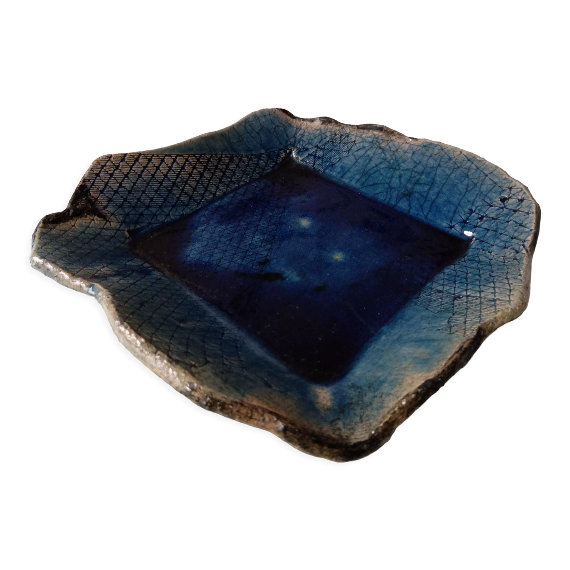 Vide poche Raku bleu indigo en céramique émaillée française