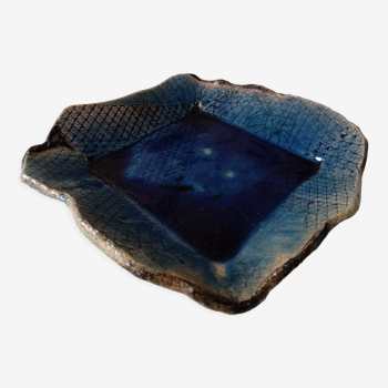 Vide poche Raku bleu indigo en céramique émaillée française