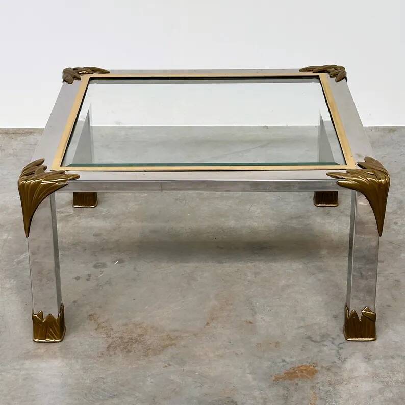 Vintage coffee table in chrome and brass adorned with sculpted leaf details, 1970s