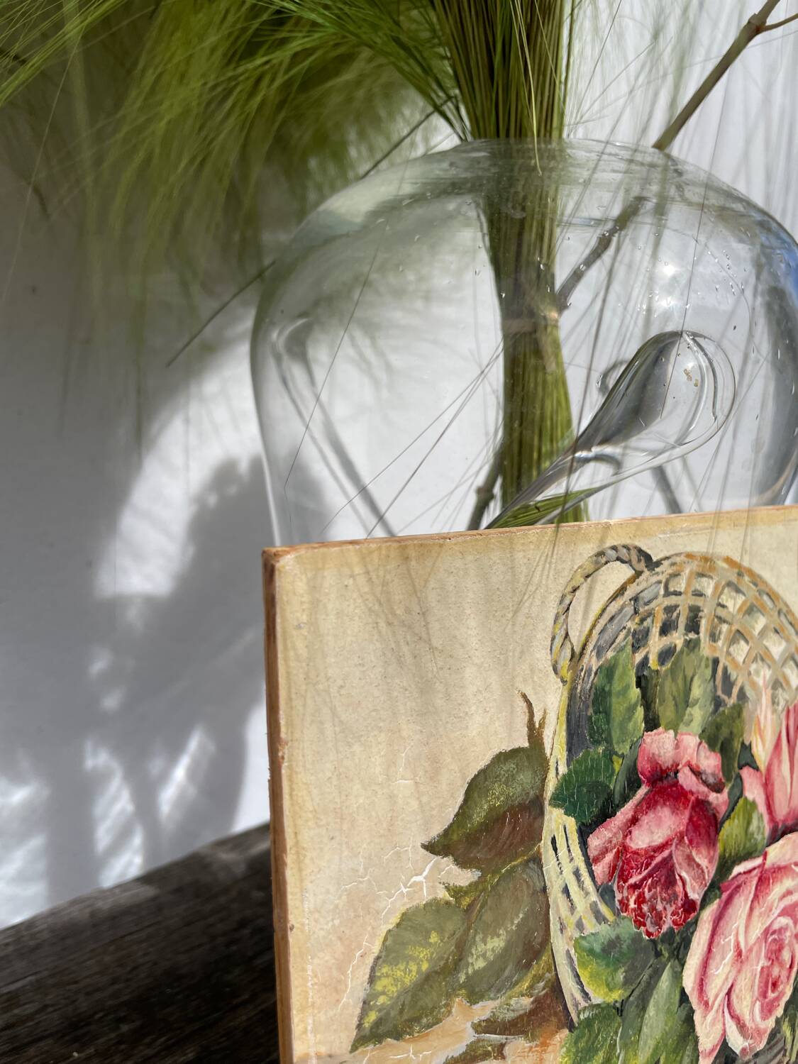 Painting basket of roses bouquet 1945 signed