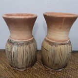 2 stoneware and bamboo pots