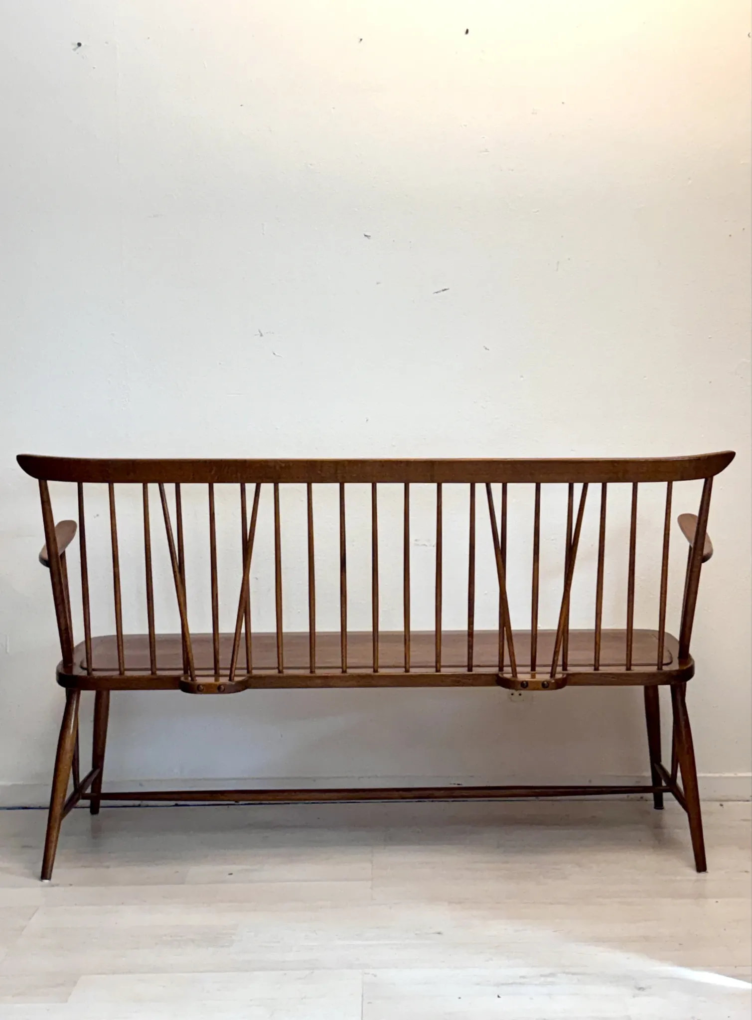 Vintage mid-century slatted bench from the 1960s.