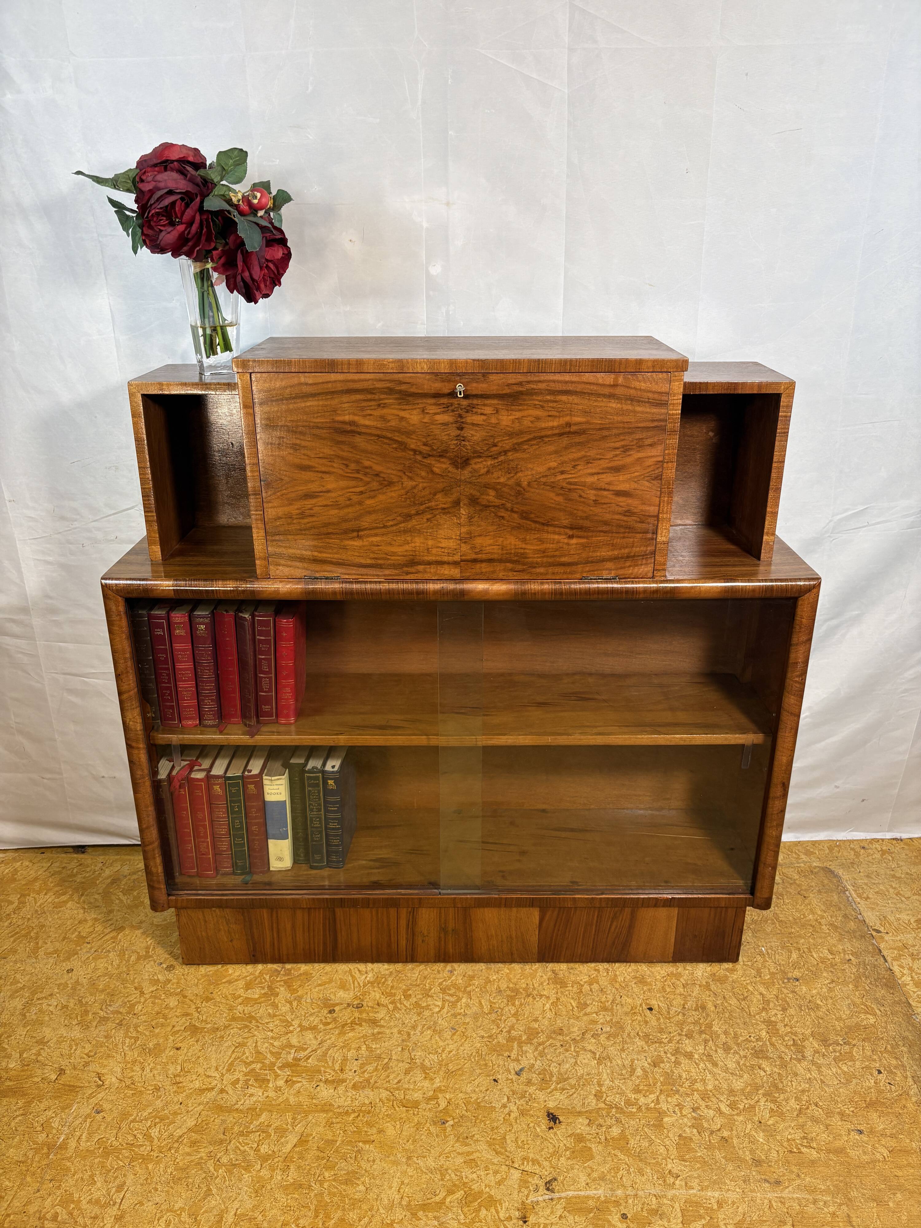 Art Deco Vintage 1930s Burr Walnut Bureau Display Cabinet Fall Front