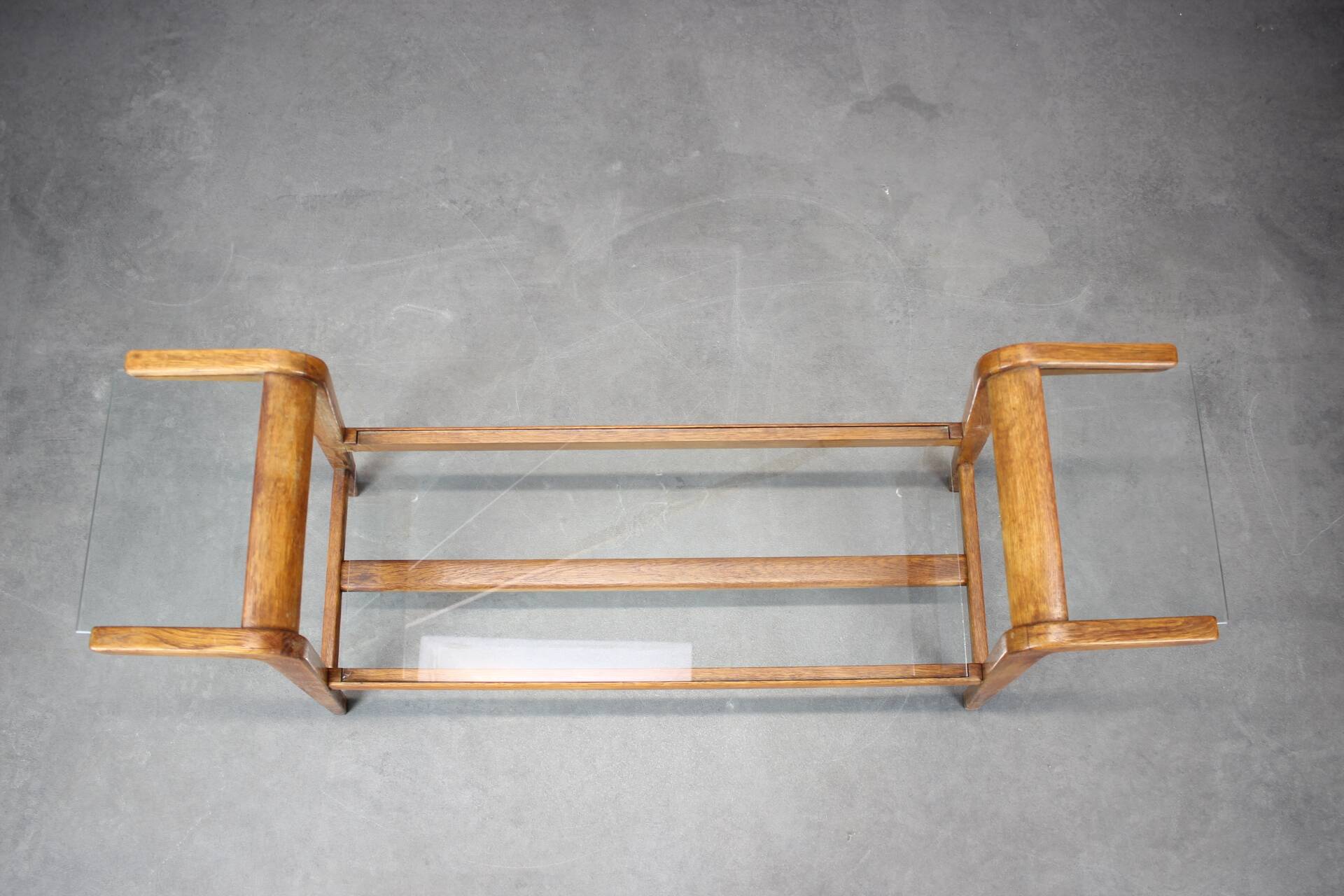 ULUV Mid-century wooden plant stand with glass shelf, Czechoslovakia, 1960s
