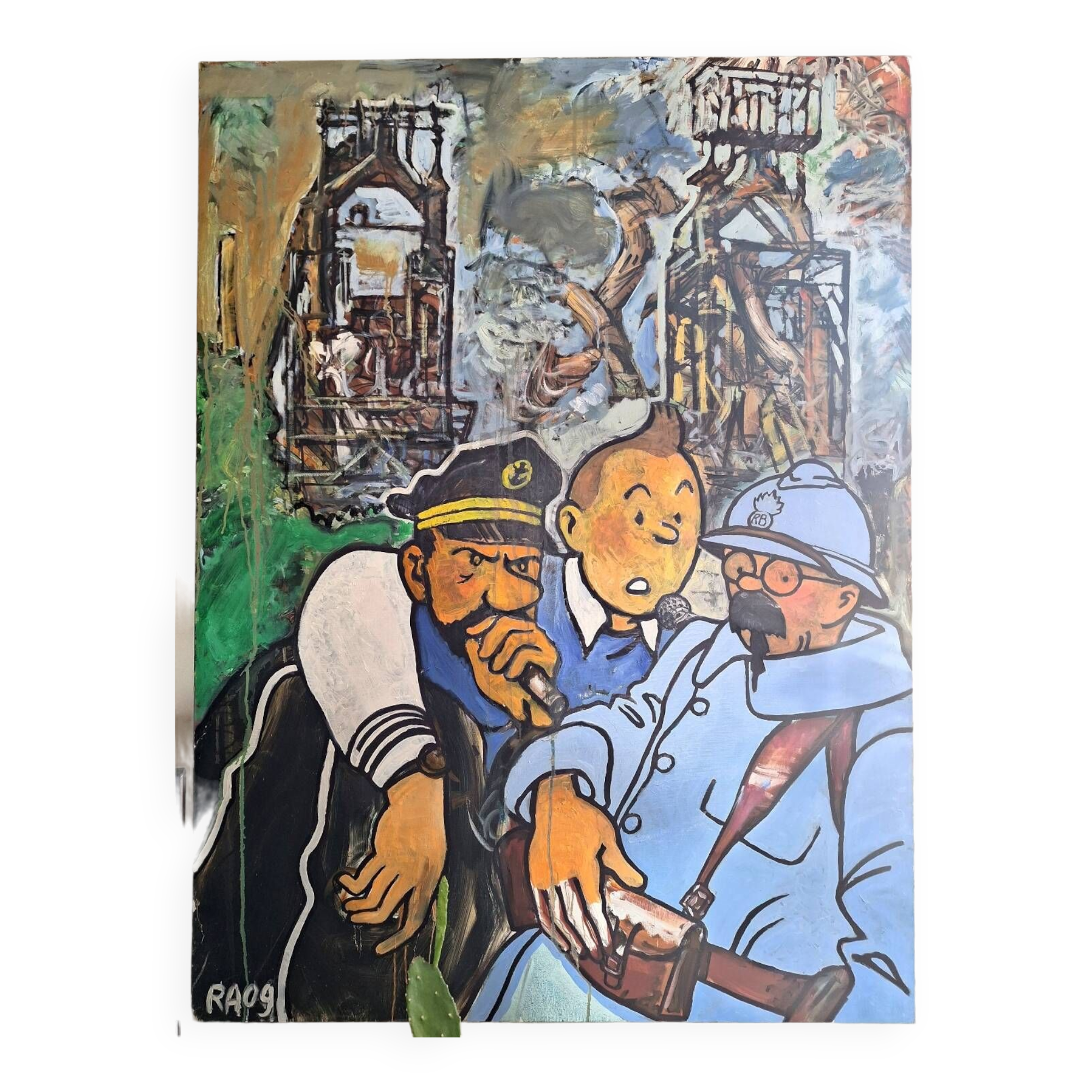 Large Tintin canvas, Captain Haddock, Tryphon Calculus, vintage painting