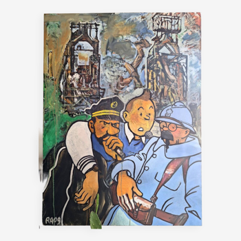 Large canvas Tintin, Captain Haddock, Tryphon Tournesol, vintage painting