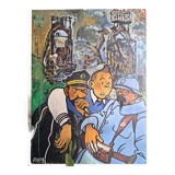 Large Tintin canvas, Captain Haddock, Tryphon Calculus, vintage painting