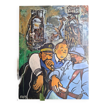 Grande toile Tintin, Capitaine Haddock, Tryphon Tournesol, tableau vintage