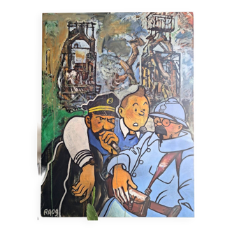 Large canvas Tintin, Captain Haddock, Tryphon Tournesol, vintage painting
