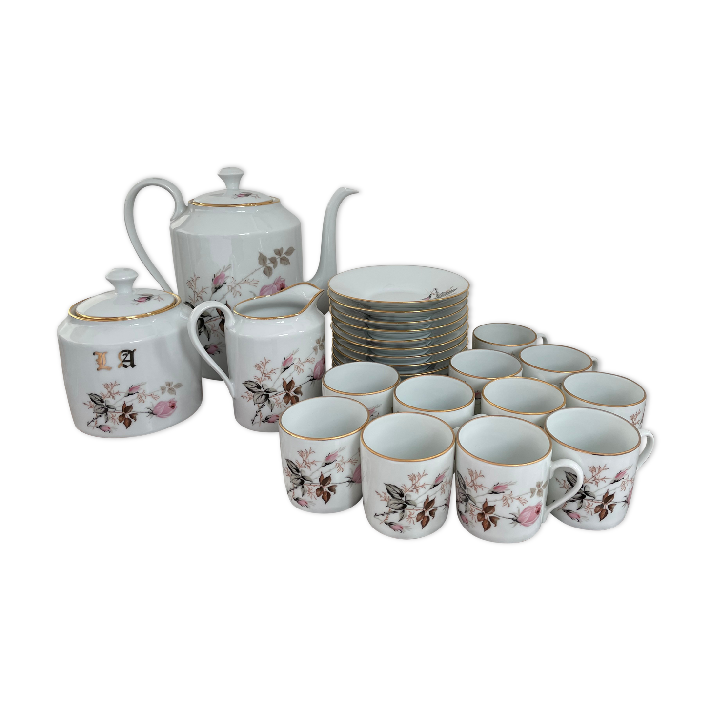 Vintage, coffee service, tea, Limoges, Flowers, cipher, 11 cups and under cups, teapot, 27 pieces