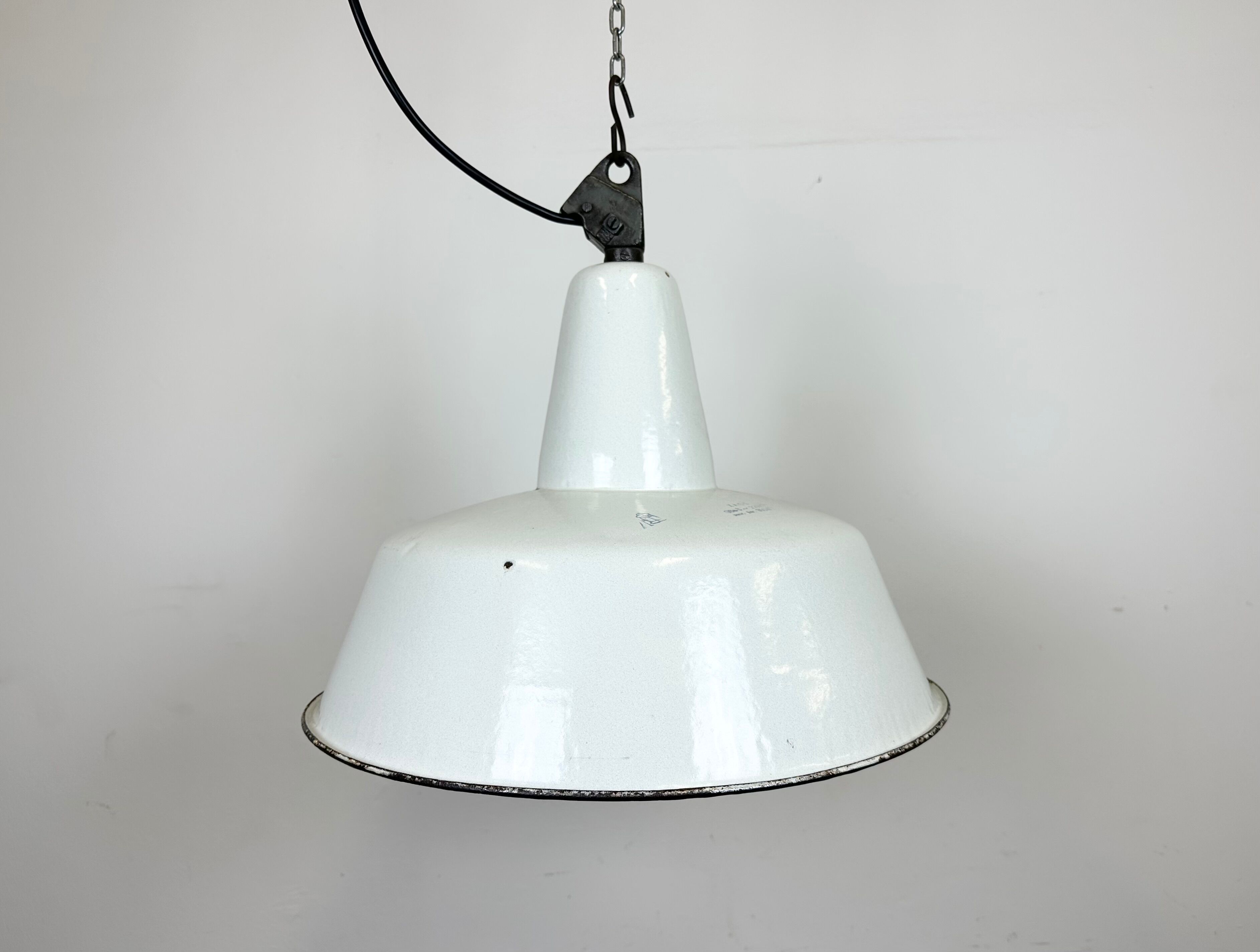 Industrial white enamel factory pendant lamp from zaos, 1960s