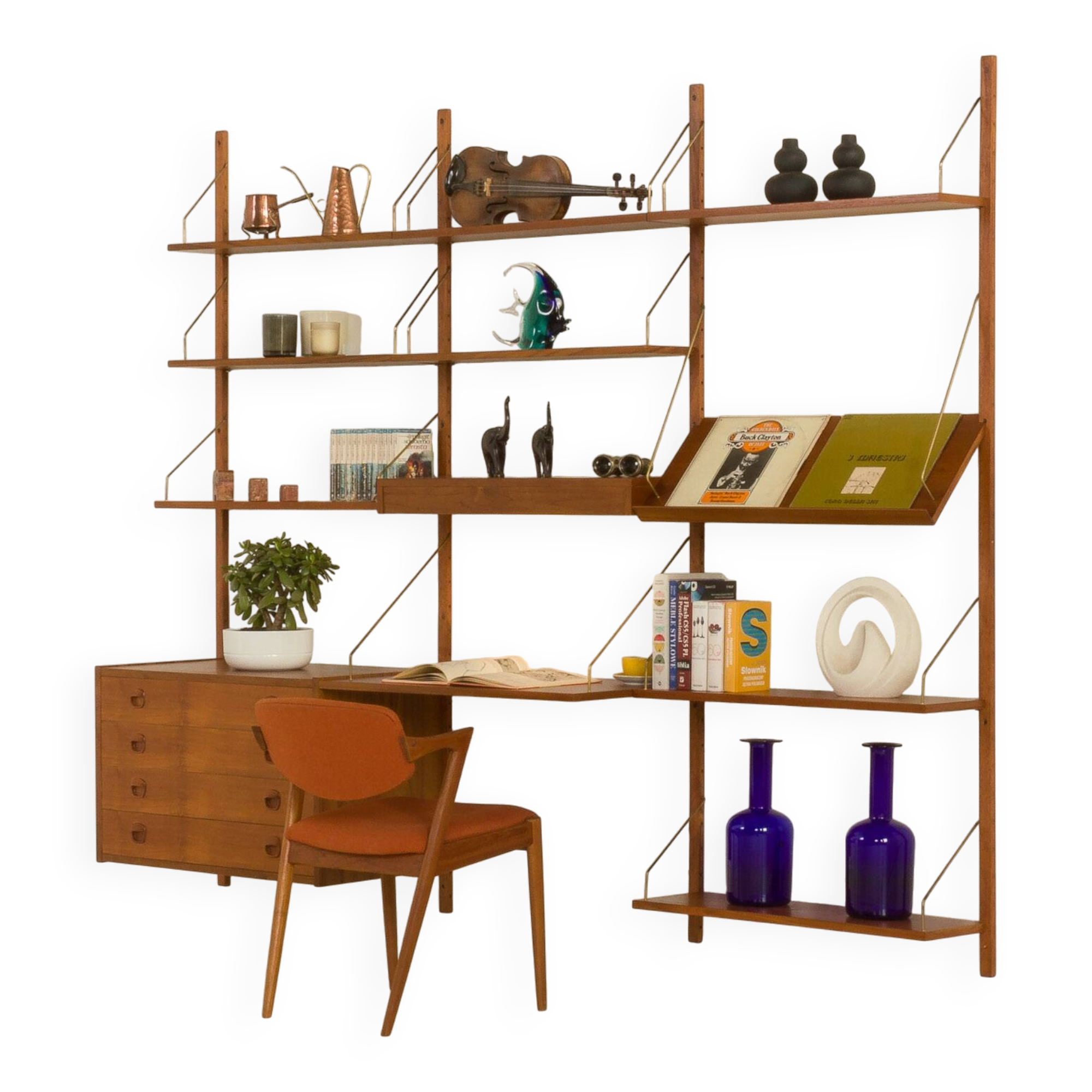 Danish teak wall unit in the style of Cadovius, Sorensen with a lamp, 1970s