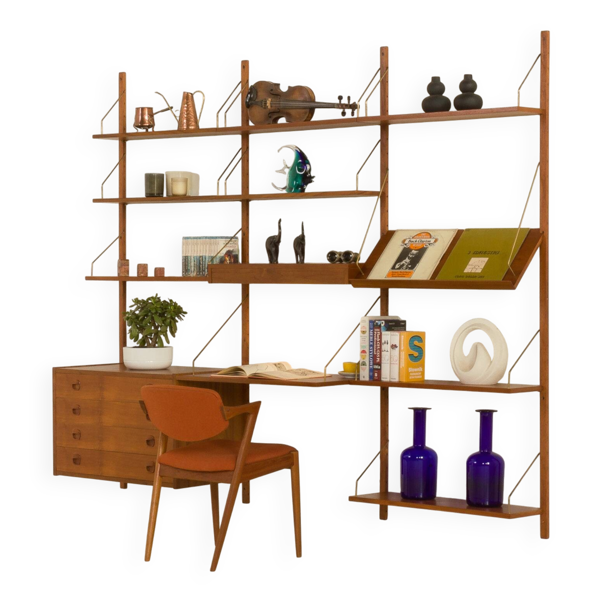 Danish teak wall unit in the style of Cadovius, Sorensen with a lamp, 1970s