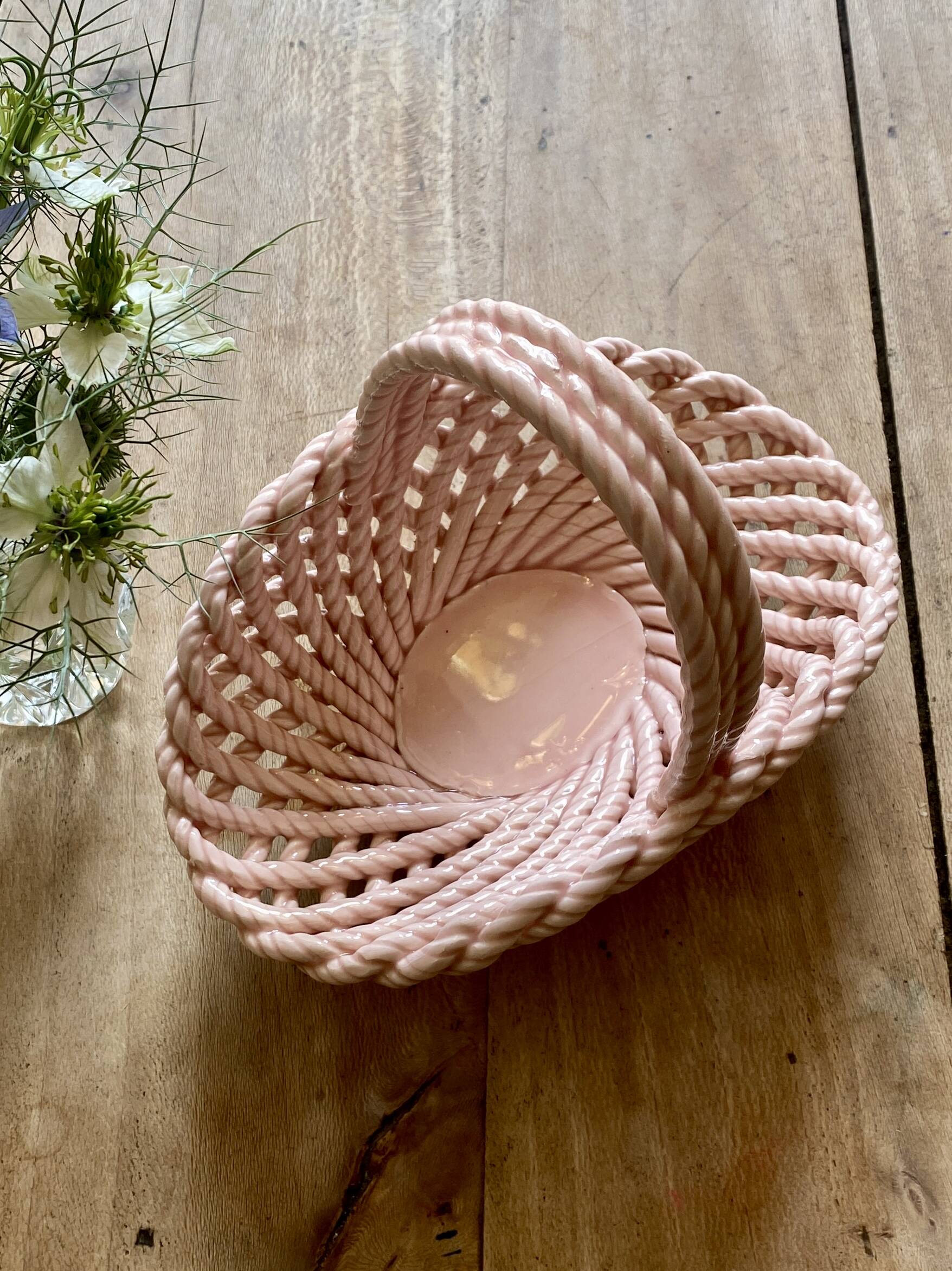 Vintage pink woven ceramic basket