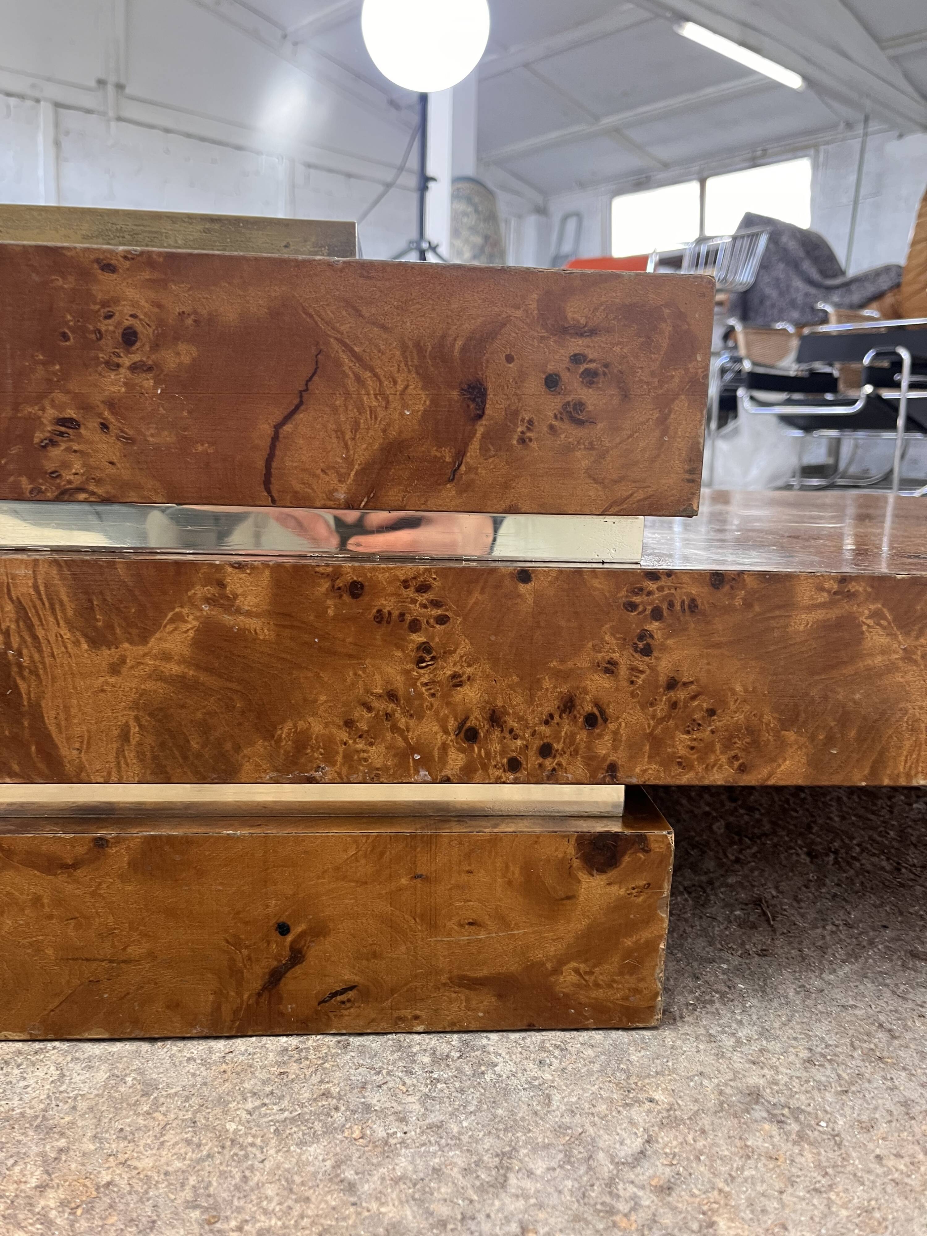 RocheBobois coffee bar table in elm burl and brass, 1970s