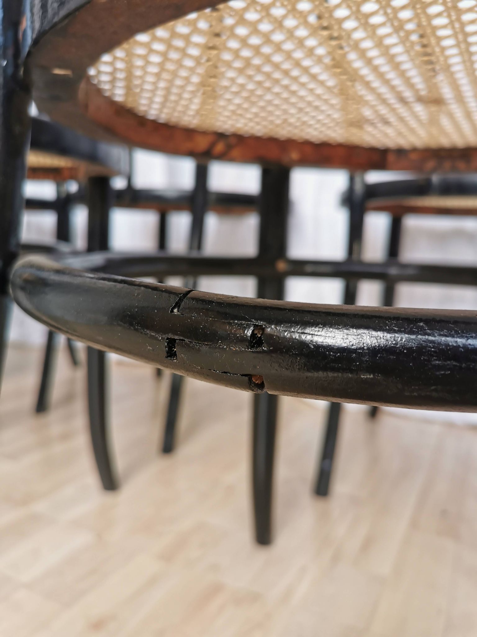 Set of 6 Vintage Thonet Style Dining Chairs: Black Bentwood Cane Seat