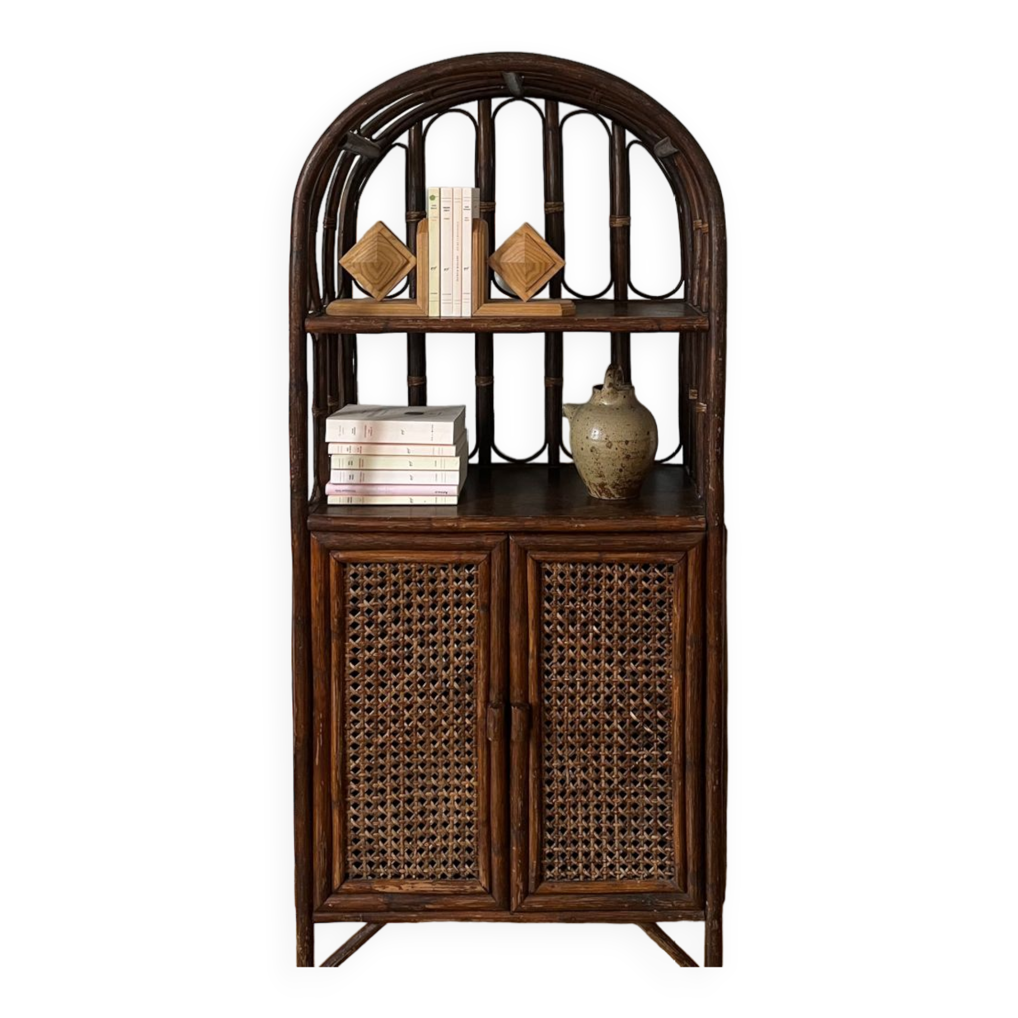 Vintage rattan and caning shelf bookcase