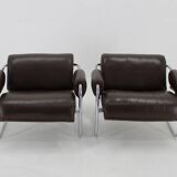 1950s Pair of Tubular Armchairs in Leather, Czechoslovakia