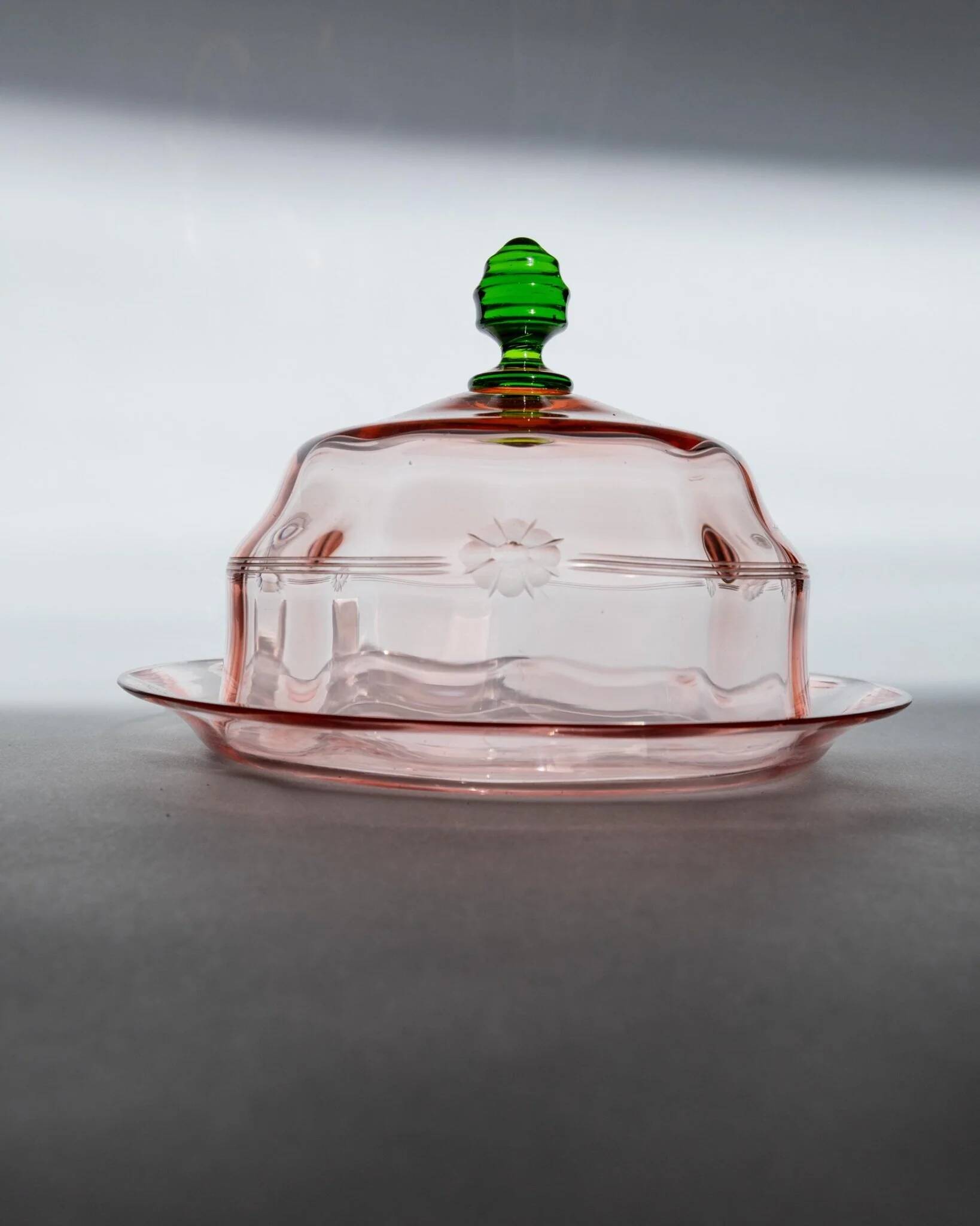 Pink Glass Cloche with Green Finial on Plate – 1930s Italian Vintage Glass Tableware