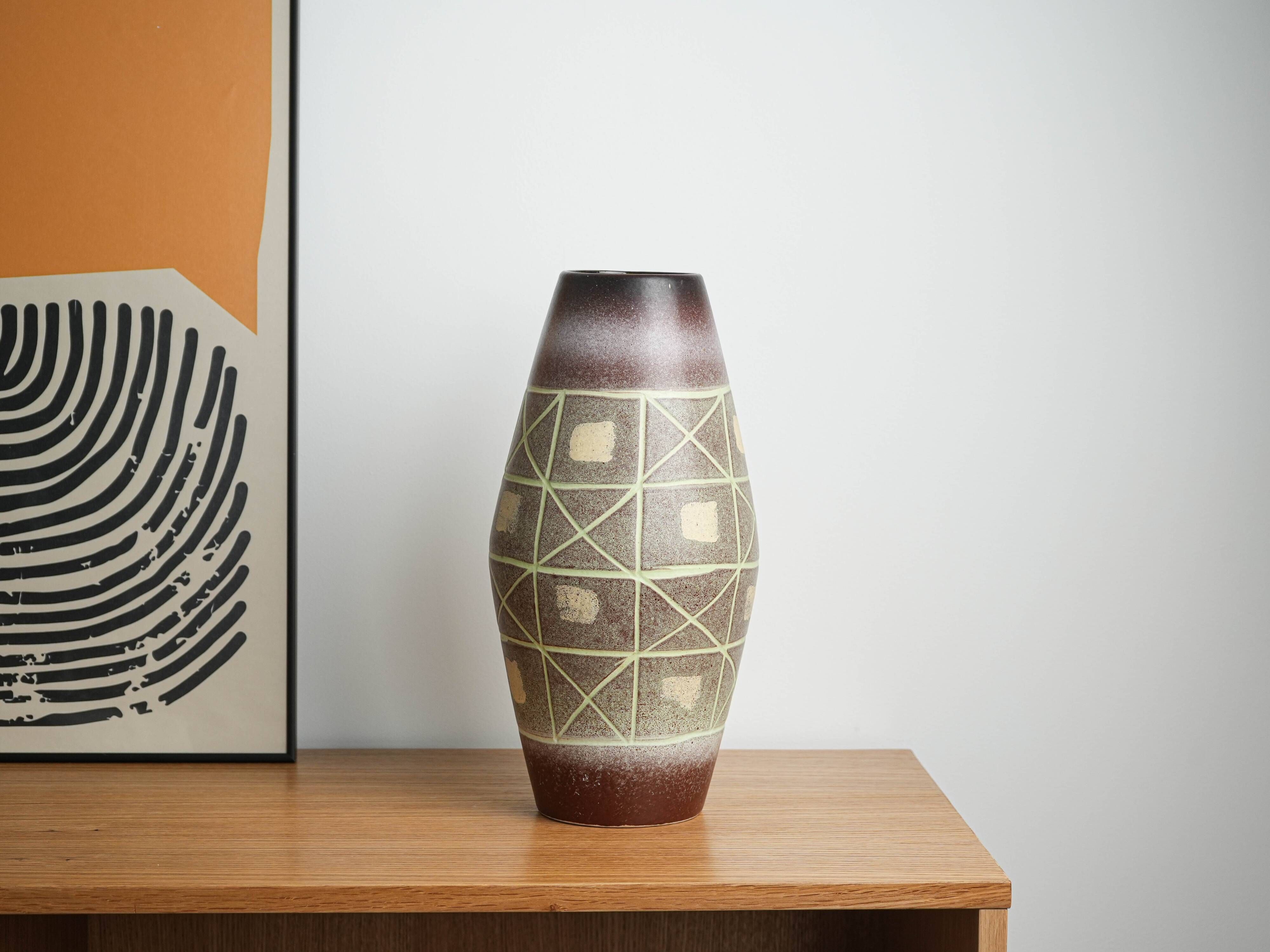 West German ceramic vase with geometric pattern, glazed pottery from the 1970s